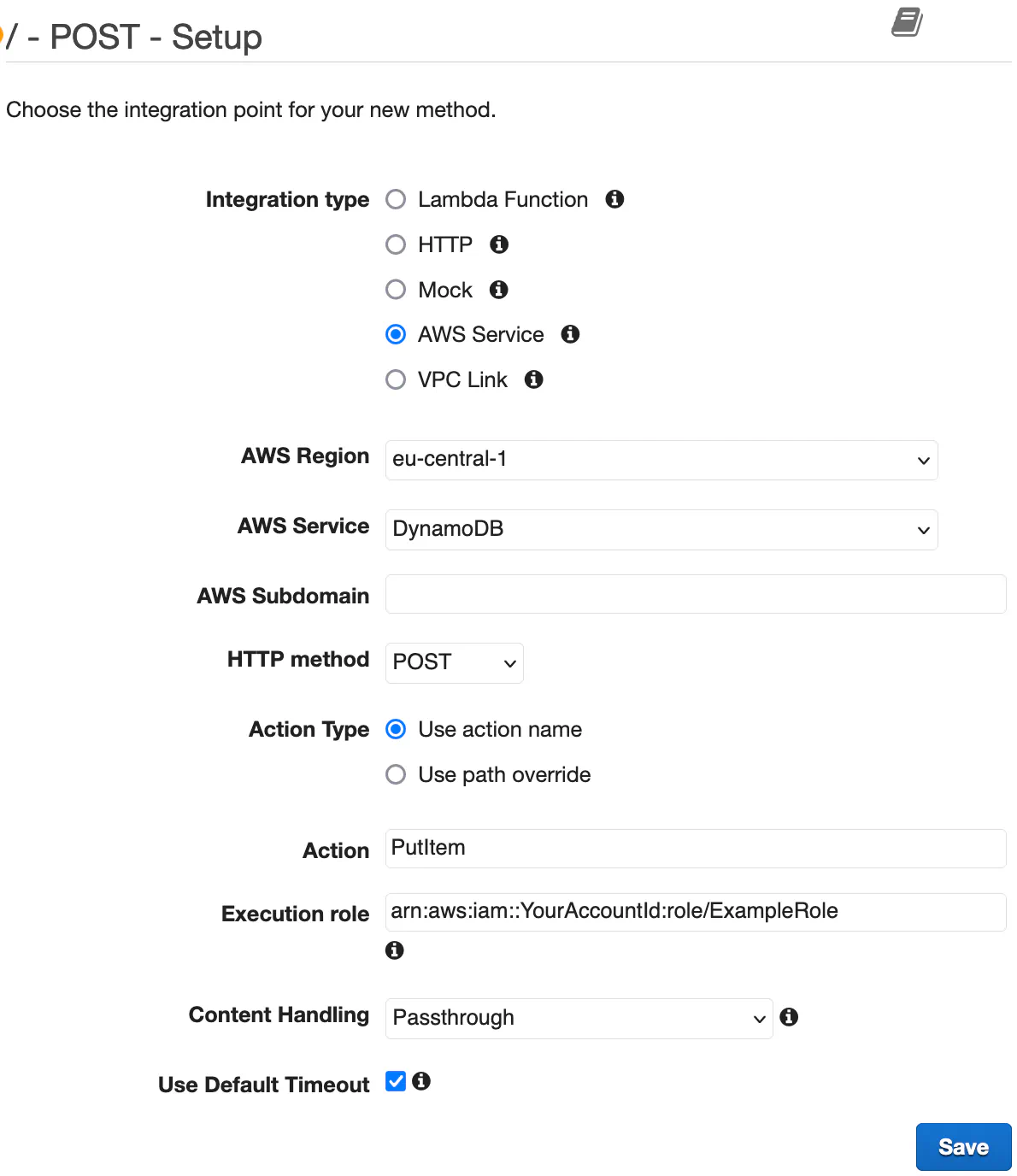 Create a POST method in the API Gateway console
